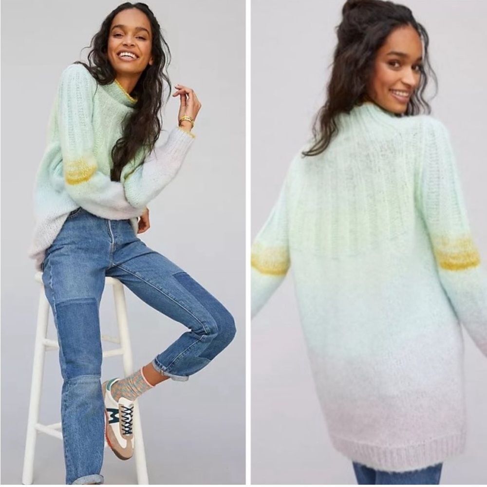 Anthropologie Perri‎ Ombre Tunic Sweater Mint Pastel size XS turtleneck alpaca